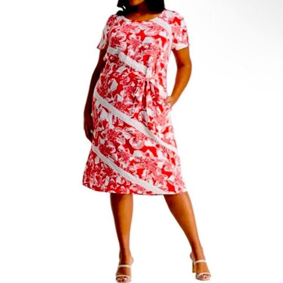 NWT Estelle Dress Floral Amazonian Lily A-line Red White Belt Size 4X - Picture 4 of 7